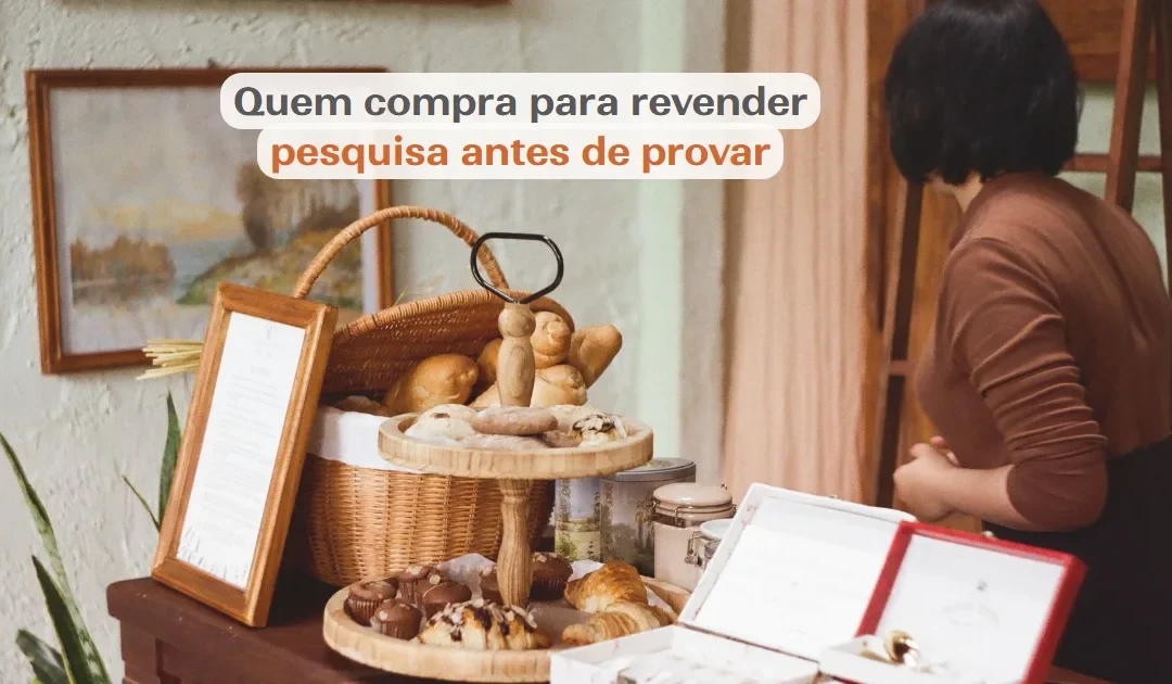 Mesa de café com tortas, doces e pães à venda, com o texto quem compra para revender pesquisa antes de provar
