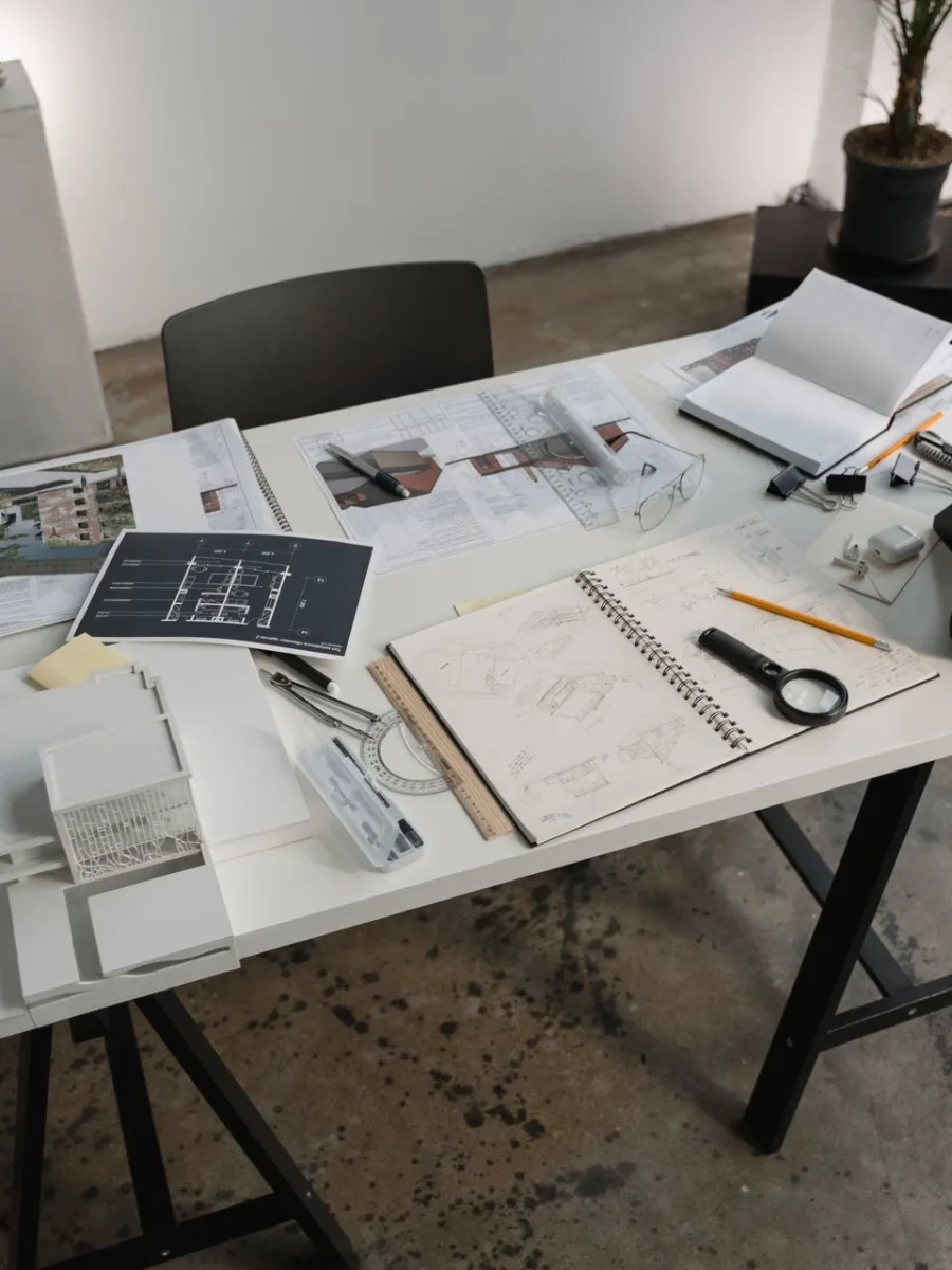 Mesa de escritório de arquitetura com plantas, caderno de esboços e maquete