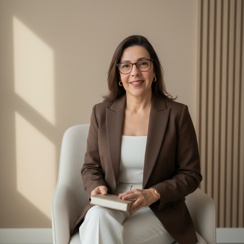 Priscila Falchi, fundadora da Modernizza, sentada em uma poltrona com um livro nas mãos